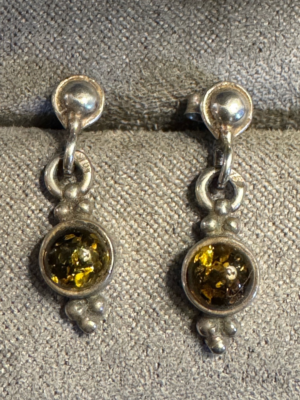 Sterling Silver Amber Dangle Earrings Signed - Dainty 0.75”